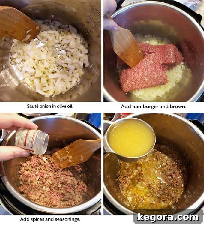 First four steps of making the casserole: sautéing onion, browning hamburger, adding seasoning, and pouring in broth.