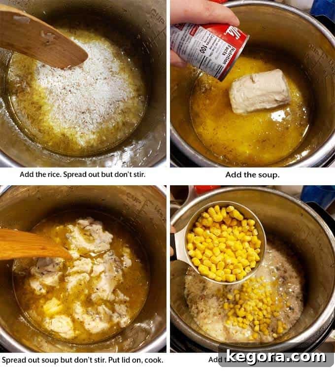Next four steps of making the casserole: adding soup, corn, and cheese.