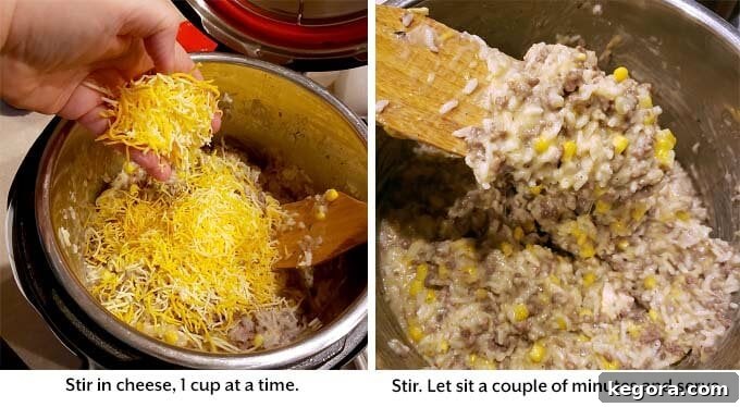 A final image showing the casserole being stirred in the Instant Pot, nearly ready to serve.
