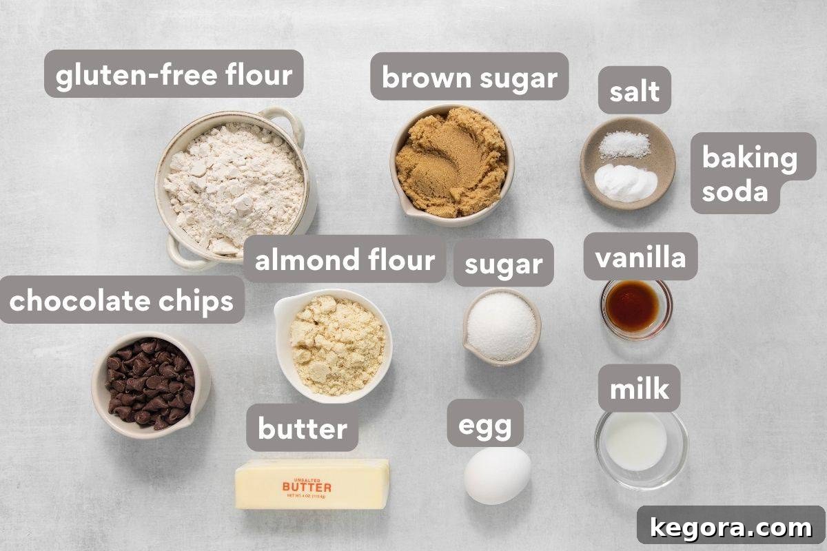 Ultimate Gluten-Free Chocolate Chip Cookies 4 Overhead shot of all the ingredients needed to make gluten-free chocolate chip cookies, laid out neatly.