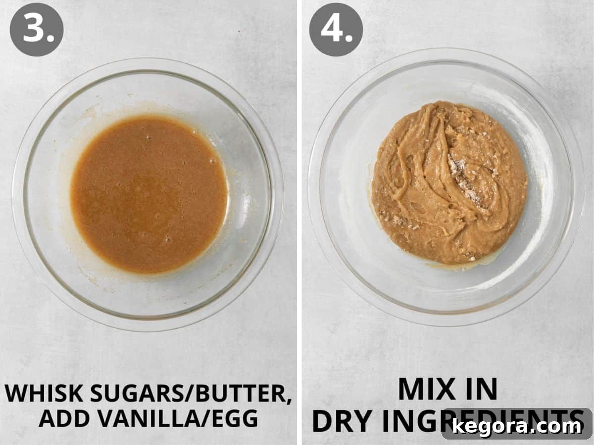 Ultimate Gluten-Free Chocolate Chip Cookies 6 Step-by-step image showing wet ingredients (brown butter, sugars, egg, vanilla) being whisked together for gluten-free chocolate chip cookies.