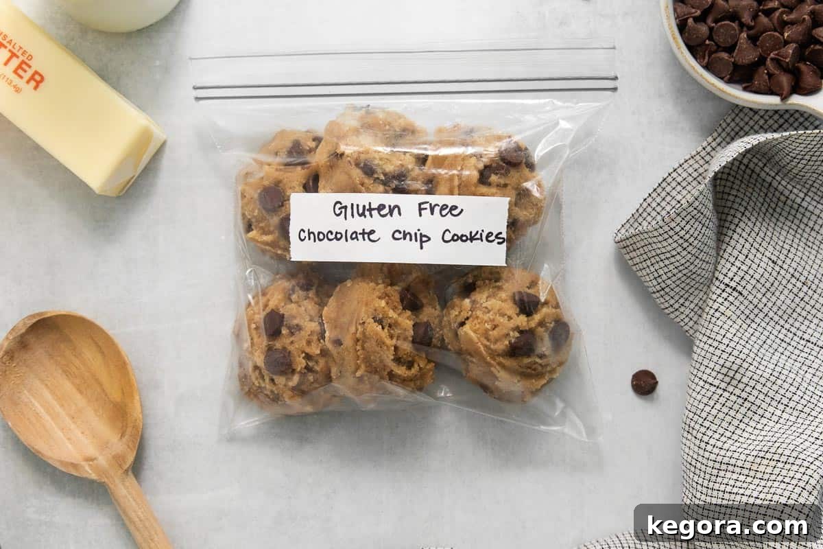 Ultimate Gluten-Free Chocolate Chip Cookies 9 Gluten-free chocolate chip cookie dough scooped into balls and placed in a resealable bag for freezing.