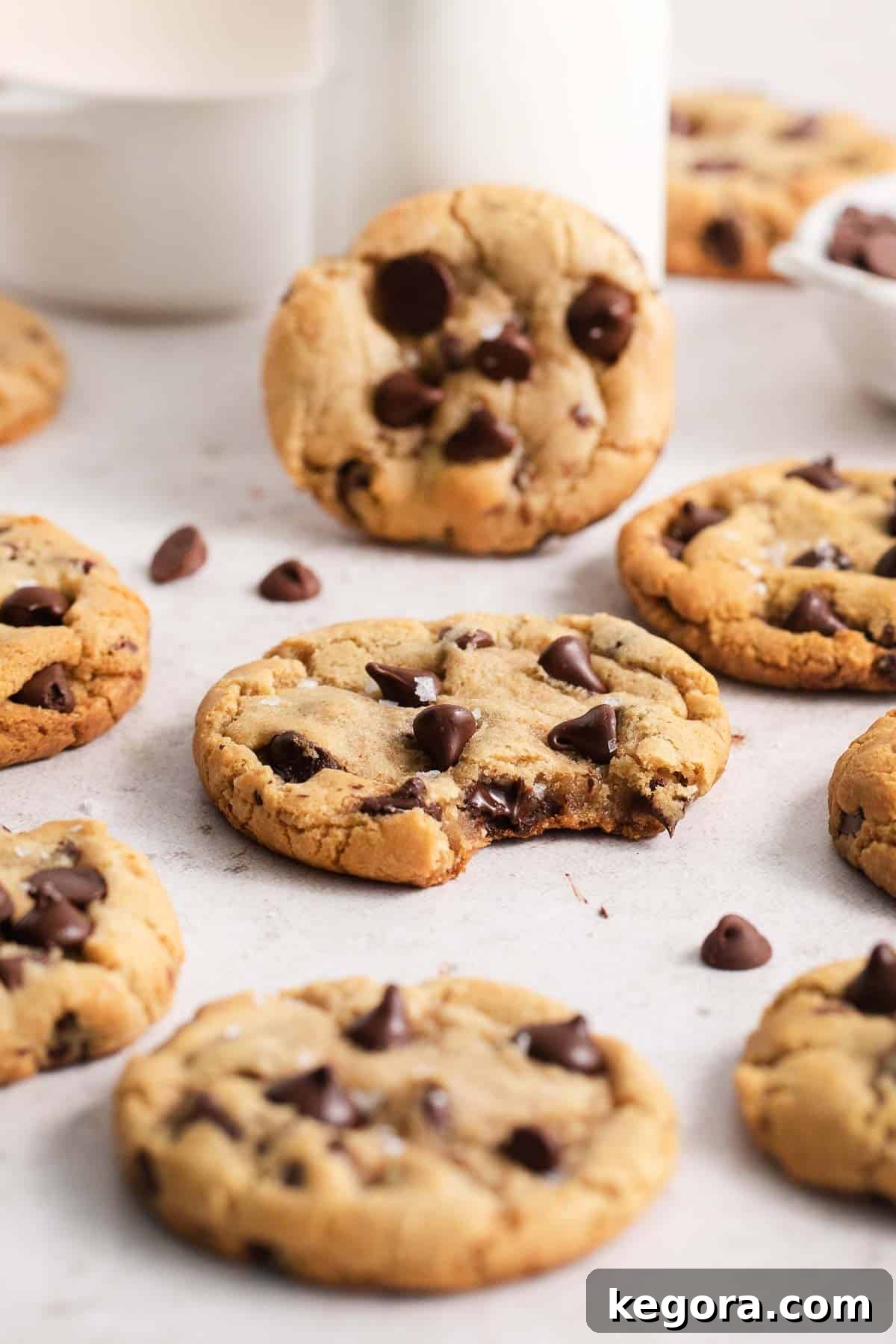 Ultimate Gluten-Free Chocolate Chip Cookies 10 Close-up shot of a gluten-free chocolate chip cookie with a bite taken out, showing its soft and chewy interior.