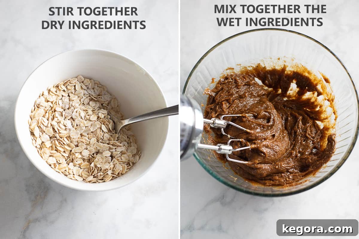 Wholesome Flourless Oatmeal Almond Butter Cookies 5 Hands mixing dry ingredients (oats, baking soda, salt, cinnamon) in a medium bowl, showing the initial preparation step for the cookies.