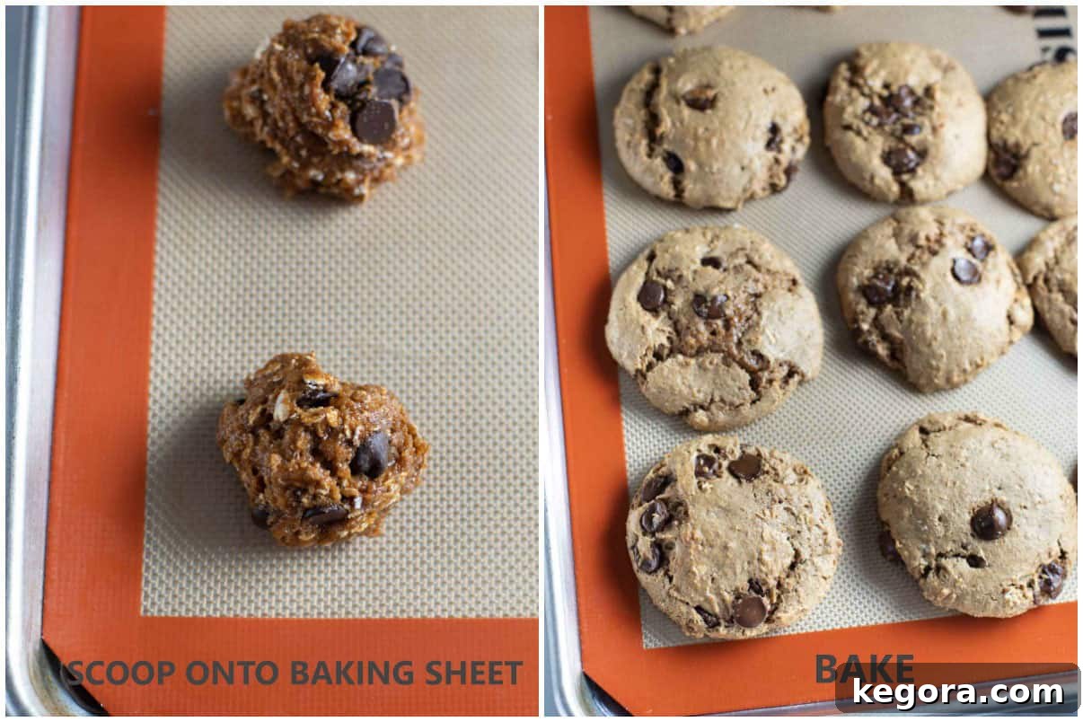 Wholesome Flourless Oatmeal Almond Butter Cookies 7 Scooped cookie dough balls on a parchment-lined baking sheet before baking, and a separate image of golden-brown baked cookies cooling, showing the transformation.