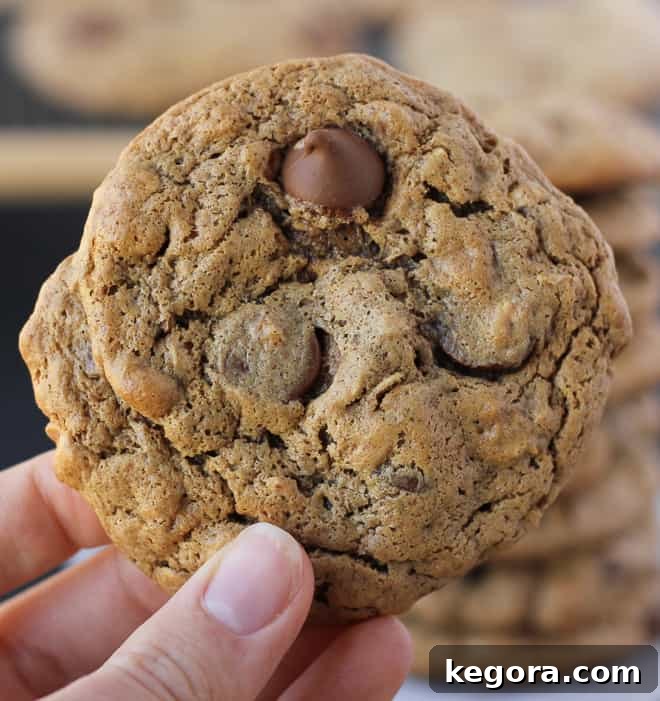 Wholesome Flourless Oatmeal Almond Butter Cookies 8 A close-up shot of a single baked almond butter cookie, revealing its perfectly textured, chewy interior and slightly crisp edges, inviting a bite.