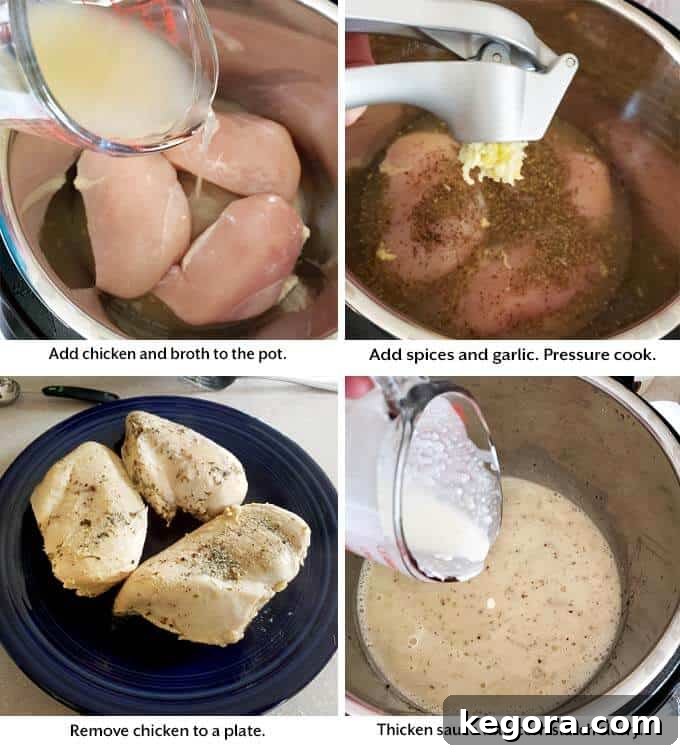 Four images showing how to prepare chicken and assemble ingredients for Creamy Italian Chicken Breasts in Instant Pot