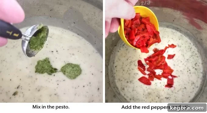 Two images showing how to add heavy cream, cornstarch, pesto, roasted red peppers, and basil to the sauce for Creamy Italian Chicken Breasts