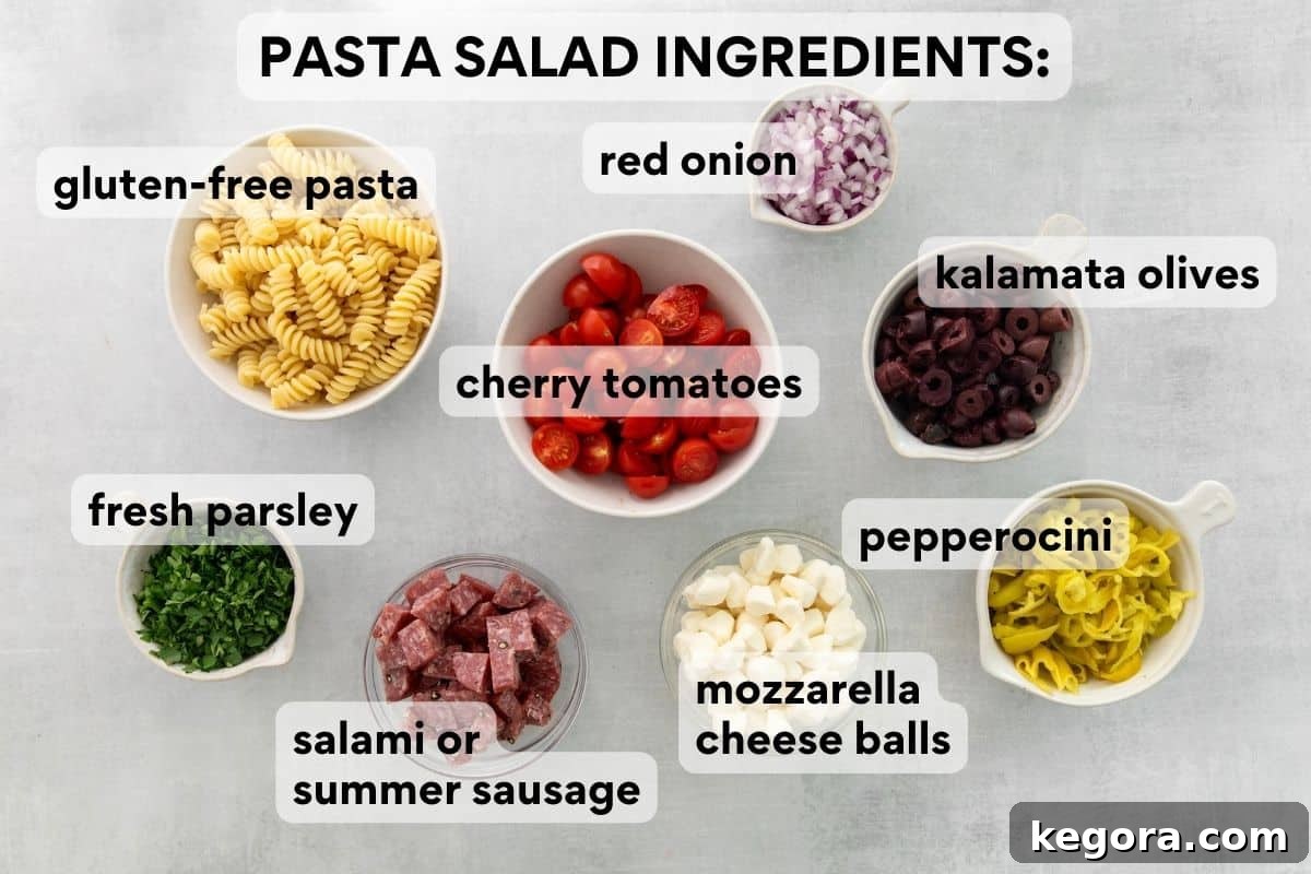 Vibrant Gluten-Free Italian Pasta Salad 4 pasta salad ingredients pre-measured and labeled