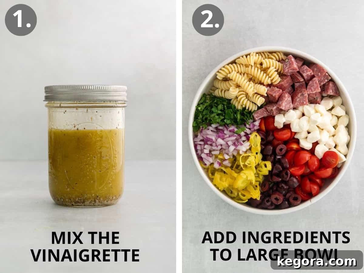 Vibrant Gluten-Free Italian Pasta Salad 6 step 1 make vinaigrette and step 2 add pasta salad ingredients to bowl.