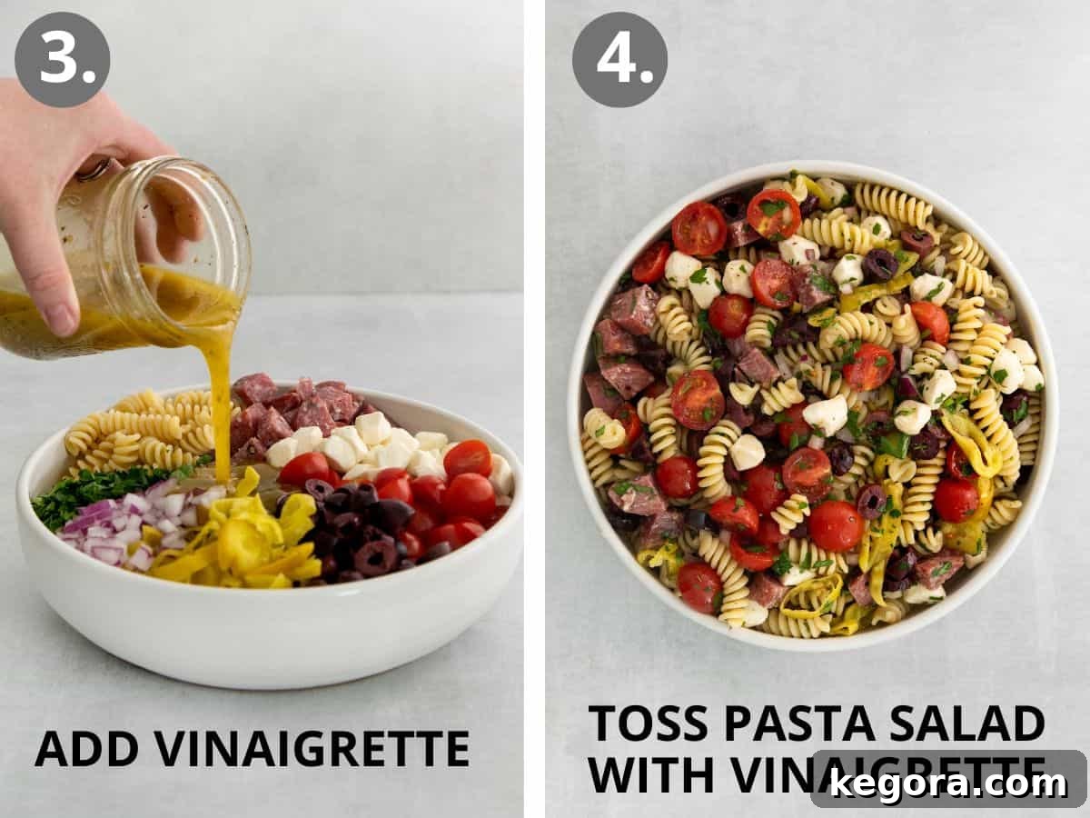 Vibrant Gluten-Free Italian Pasta Salad 7 step 3 add vinaigrette to bowl and step 4 toss pasta salad.