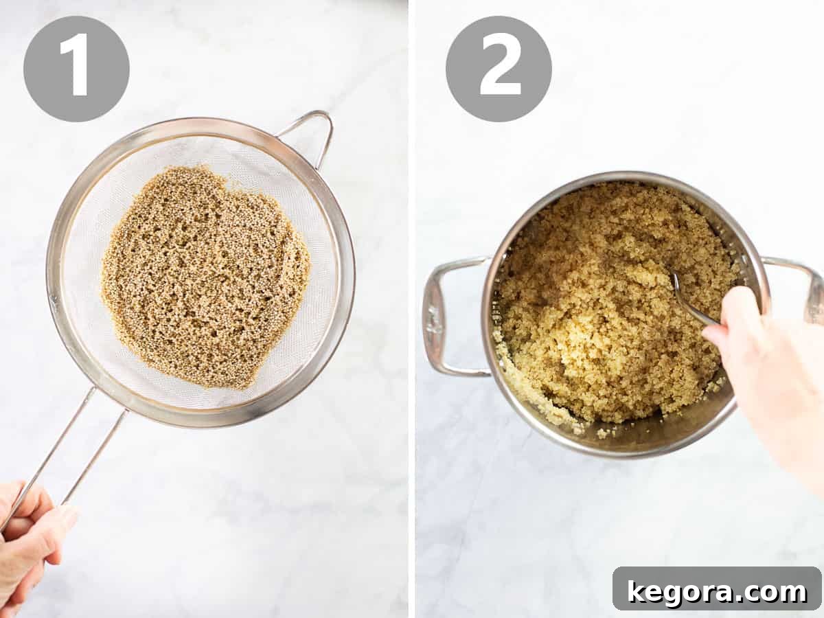Essential Steps for Cooking Perfect Quinoa for Salad A colander of rinsed quinoa next to a pot of perfectly cooked, fluffy quinoa, ready for salad assembly.