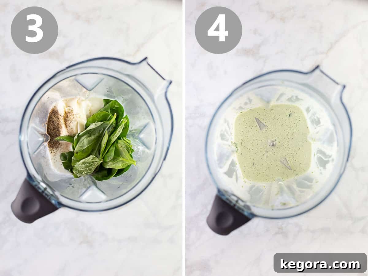 Preparing the Signature Buttermilk Basil Dressing Ingredients for the creamy buttermilk basil dressing being blended in a food processor, highlighting the fresh basil.