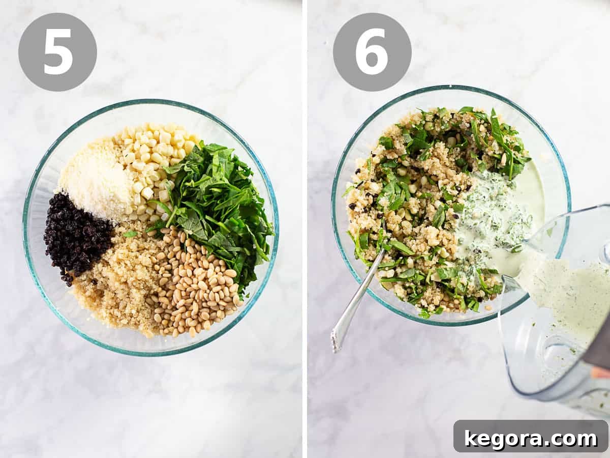 Assembling Your Delicious Quinoa Salad Several shots showing the process of mixing all the quinoa salad ingredients together in a large bowl.