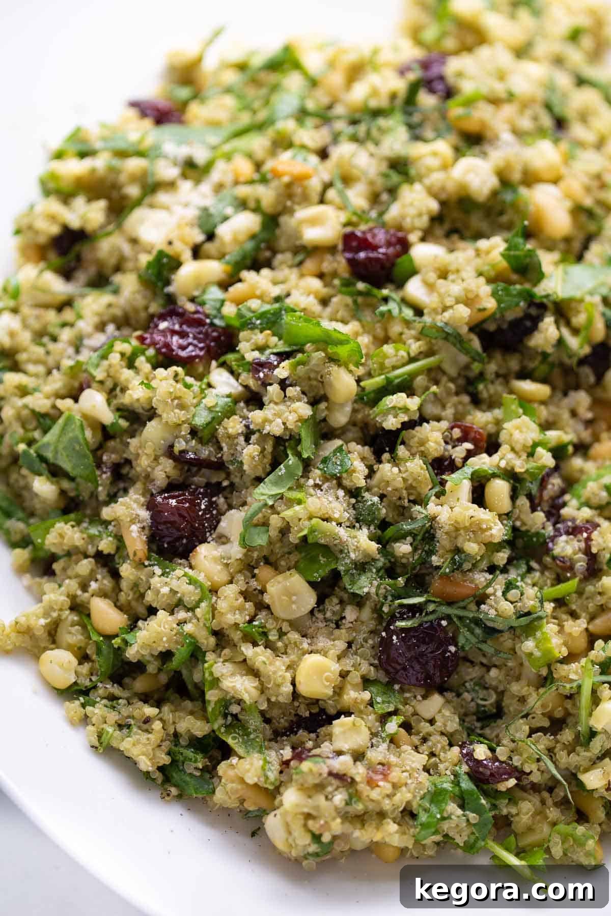 The Irresistible Texture and Color of Quinoa Salad A close-up shot of the vibrant quinoa salad, showing the texture of the quinoa, the colorful ingredients, and the creamy dressing.