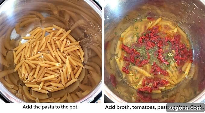 two images showing how to layer ingredients to make the Pesto Pasta