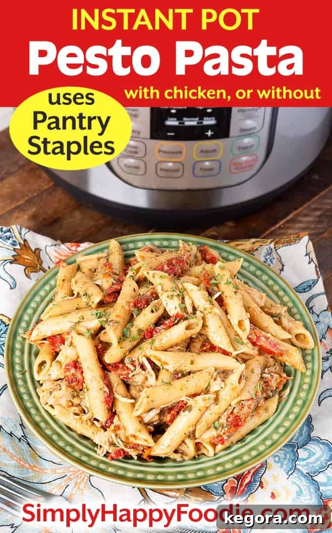 Instant Pot Pesto Pasta on gree plate with title and Simply Happy Foodie.com logo