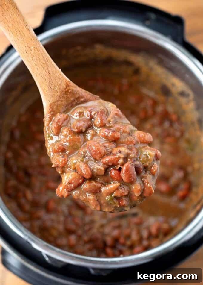 Close up of Instant Pot Mexican Pinto Beans on wooden serving spoon