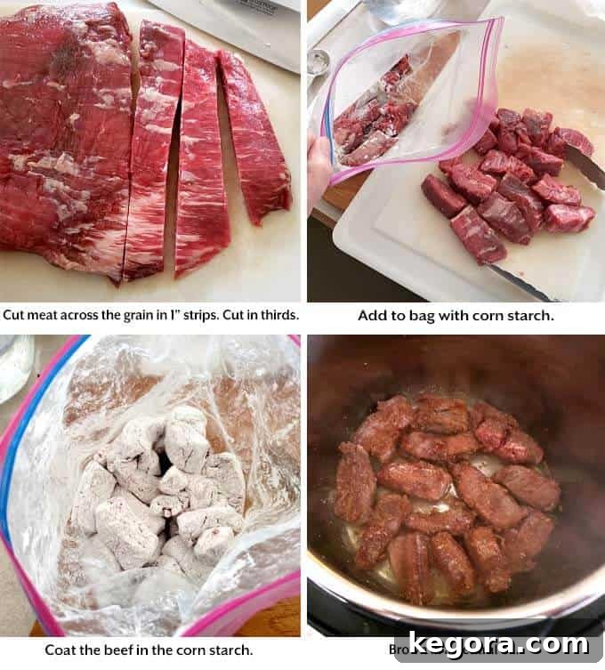 Restaurant-Style Instant Pot Mongolian Beef 4 Four images showing how to prepare the beef