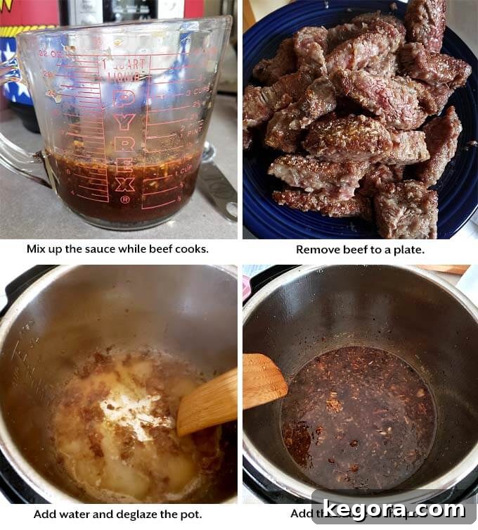 Restaurant-Style Instant Pot Mongolian Beef 5 Four images showing how to make sauce for Pressure cooker Mongolian Beef