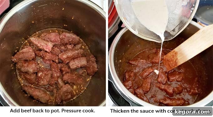 Restaurant-Style Instant Pot Mongolian Beef 6 Two images showing how to add beef and thicken sauce