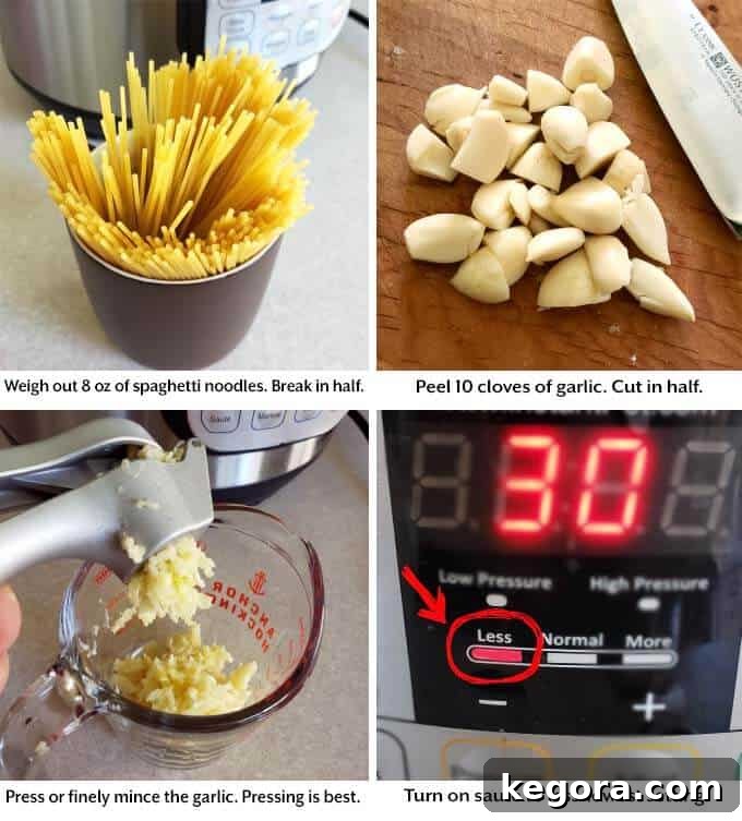 Garlic Noodle Express 4 Four sequential images demonstrating the initial steps of preparing Instant Pot Garlic Noodles, including sautéing garlic and mixing the sauce.
