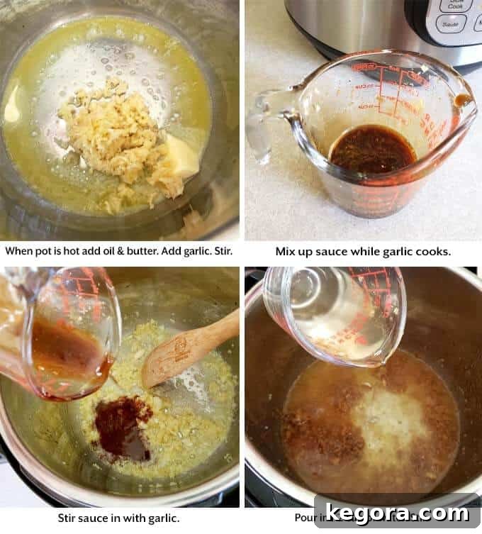 Garlic Noodle Express 5 Four step-by-step images illustrating the creation of the rich, aromatic sauce for the Instant Pot Garlic Noodles recipe.