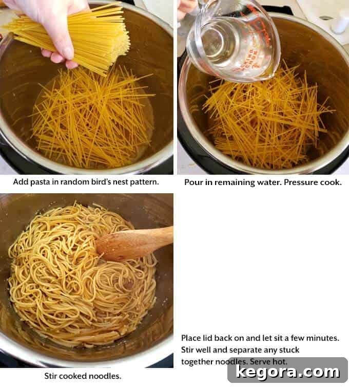 Garlic Noodle Express 6 Three images detailing the correct method for layering broken spaghetti noodles in the Instant Pot to prevent sticking and ensure even cooking.
