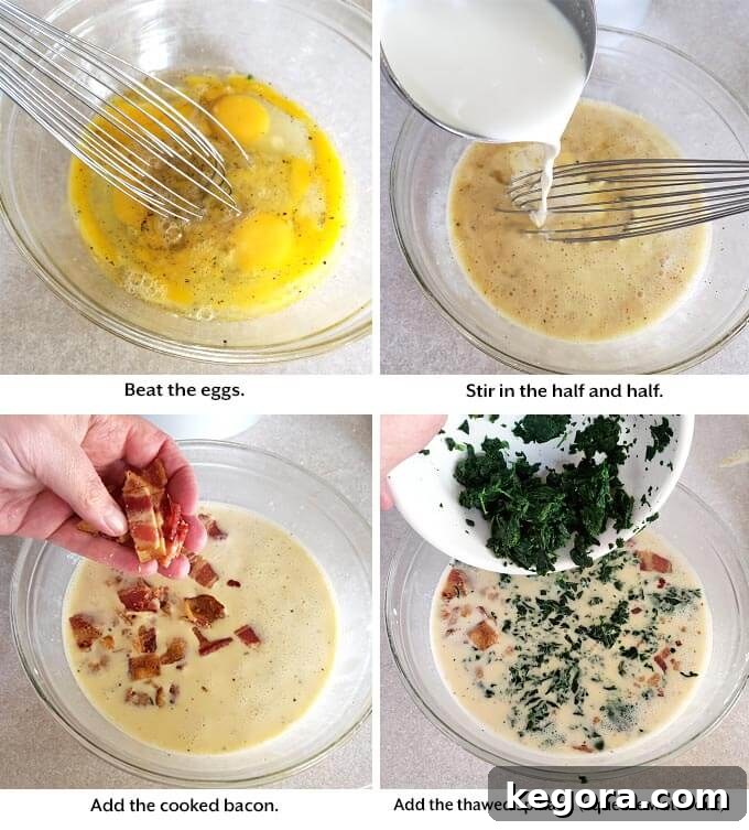 Instant Pot Savory Spinach Bacon Egg Bake 4 Four images showing initial steps of mixing ingredients for Spinach Bacon Crustless Quiche