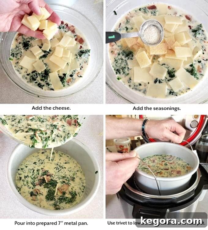 Instant Pot Savory Spinach Bacon Egg Bake 5 Four images showing adding cheese and seasonings, then placing quiche mixture into a metal pan ready for pressure cooking