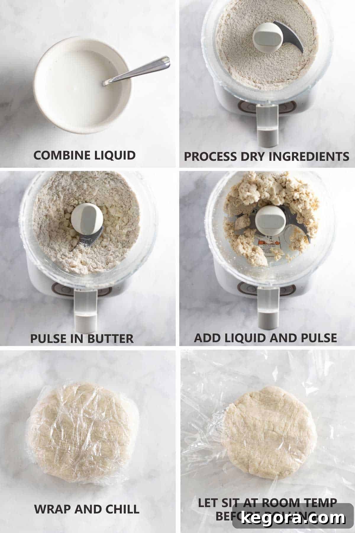 Homemade Gluten-Free Pumpkin Pie 4 Step-by-step photos illustrating the process of making gluten-free pie crust dough, from combining ingredients to forming a disc.
