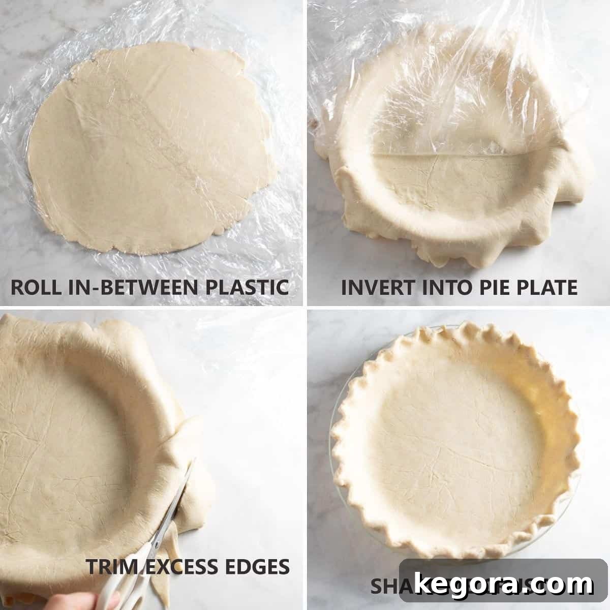 Homemade Gluten-Free Pumpkin Pie 5 Collage showing steps for rolling out gluten-free pie crust between plastic wrap and transferring it to a pie plate.