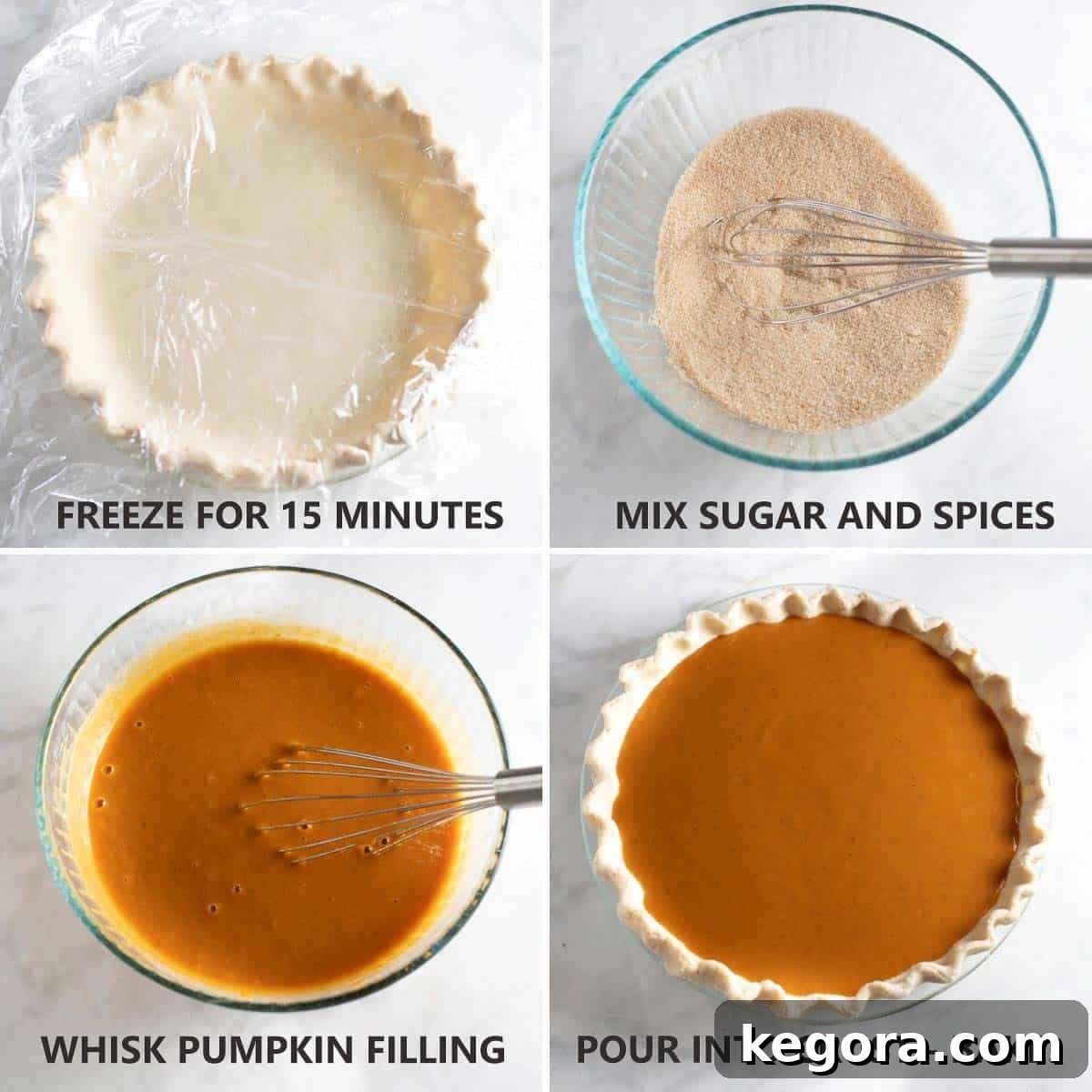 Homemade Gluten-Free Pumpkin Pie 7 Image showing how to pour pumpkin pie filling into a prepared gluten-free pie crust in a pie pan.