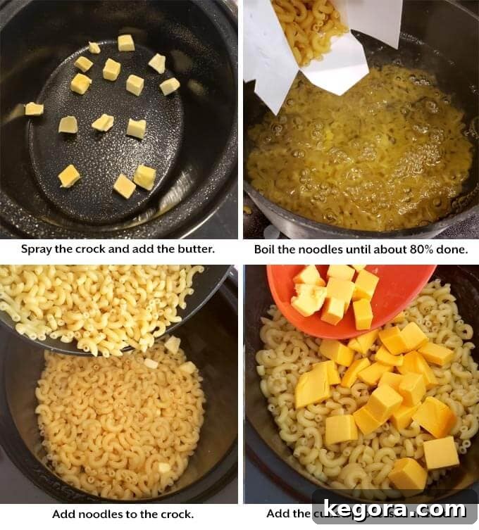 Slow-Cooked Cheesy Perfection 4 Four images showing Slow Cooker Mac and Cheese being cooked, step-by-step assembly