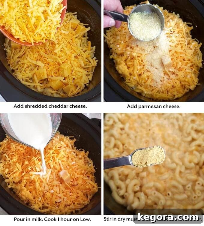 Slow-Cooked Cheesy Perfection 5 four images showing cheese, milk and seasonings into the crock