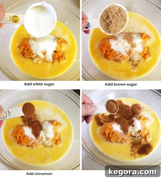 Effortless Instant Pot Sweet Potato Pie 7 Adding sugar and spices to the sweet potato pie filling.