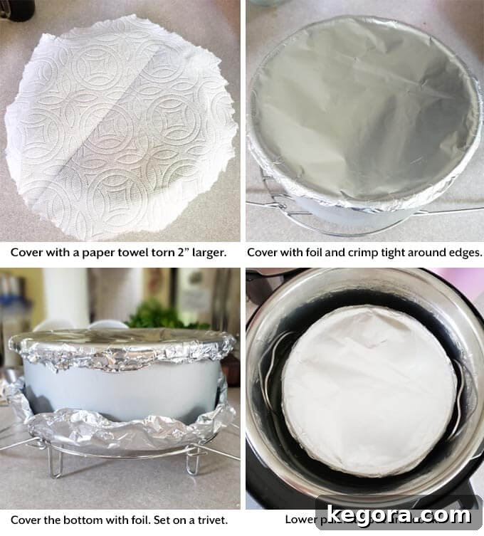 Effortless Instant Pot Sweet Potato Pie 9 Sweet potato pie pan being covered with paper towel and foil.
