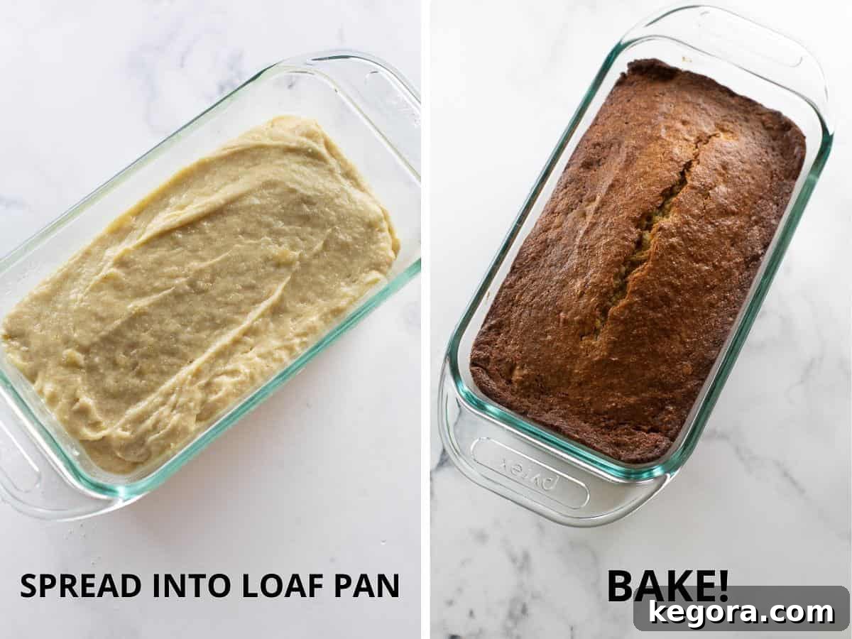 Bread batter spread into a glass loaf baking dish and a loaf after baking