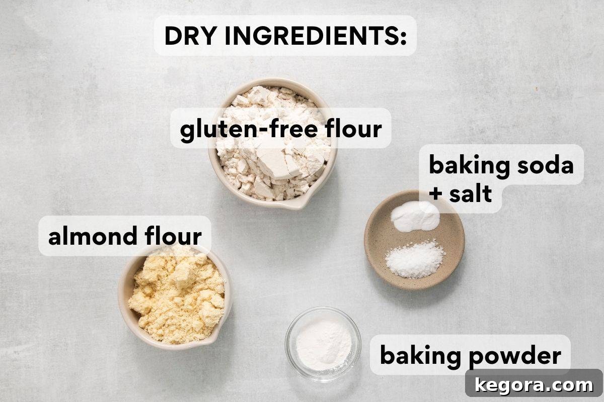 Overhead shot of ingredients needed for gluten-free banana bread laid out on a table
