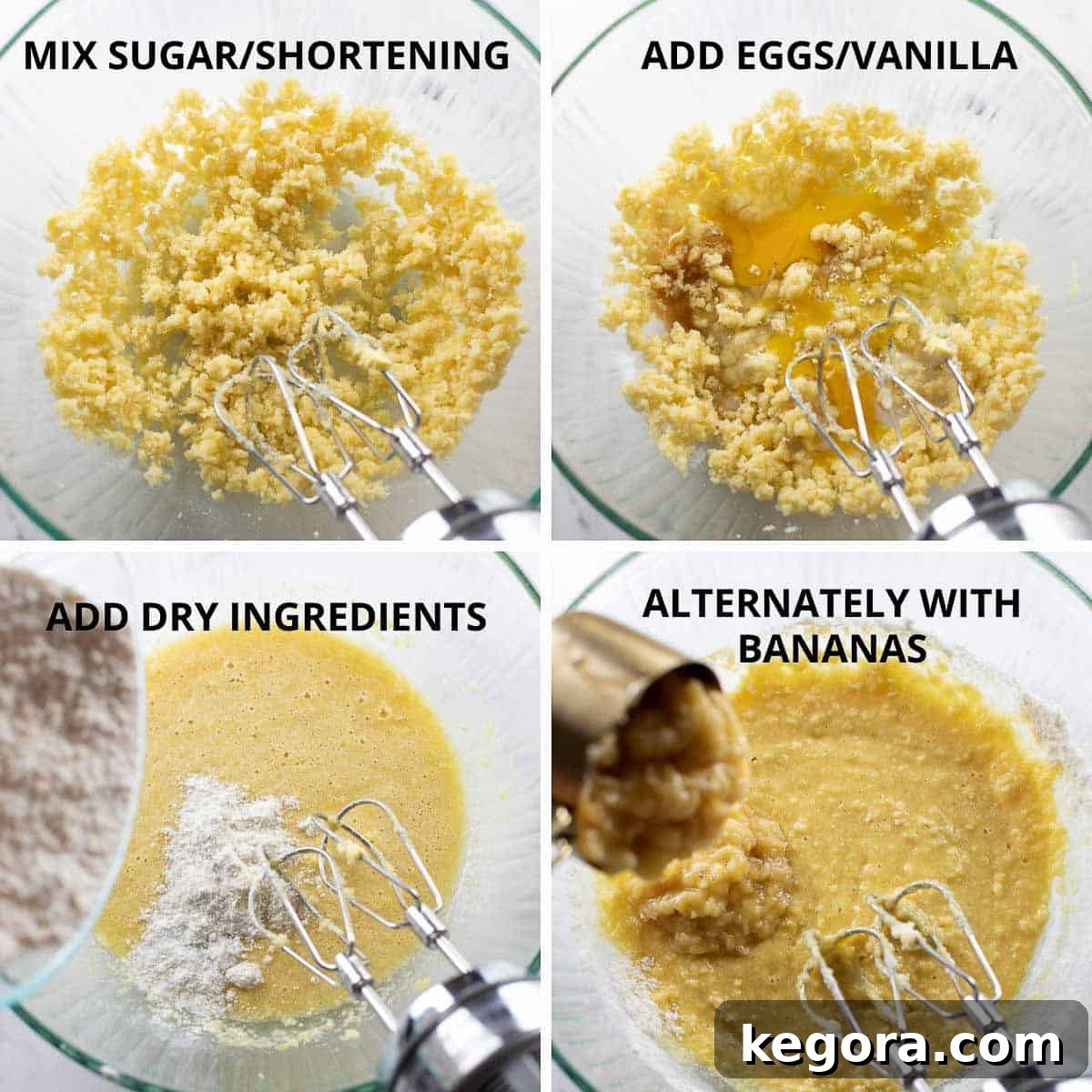 Step-by-step photos of how to make gluten-free banana bread batter, showing wet and dry ingredients combined