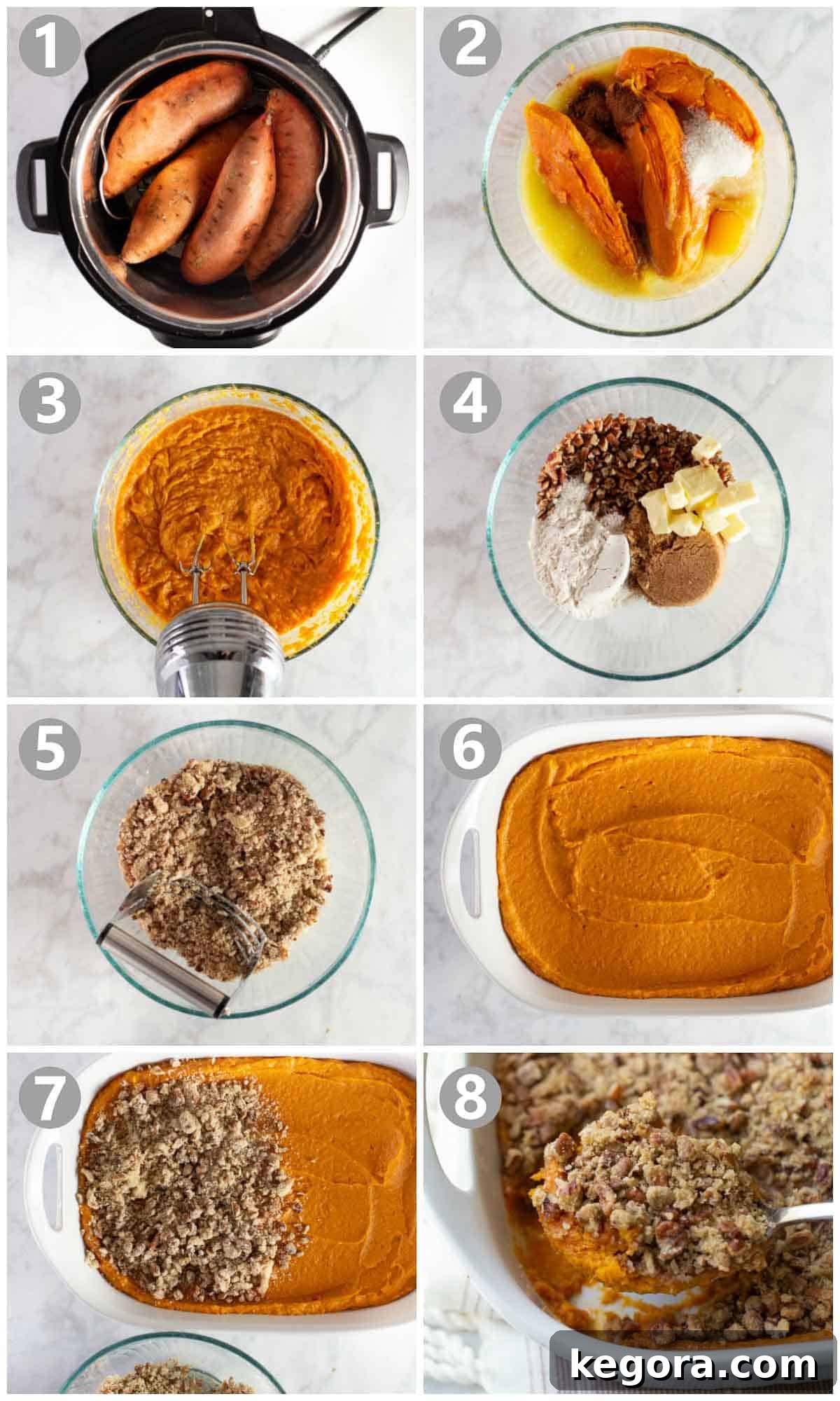 How to Make Sweet Potato Casserole Step-by-step photos illustrating the process of making sweet potato casserole, from steaming to baking.