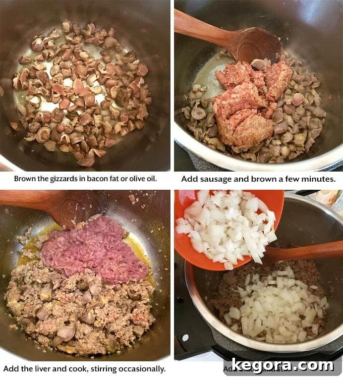gizzards, sausage, and livers and onion being sautéed