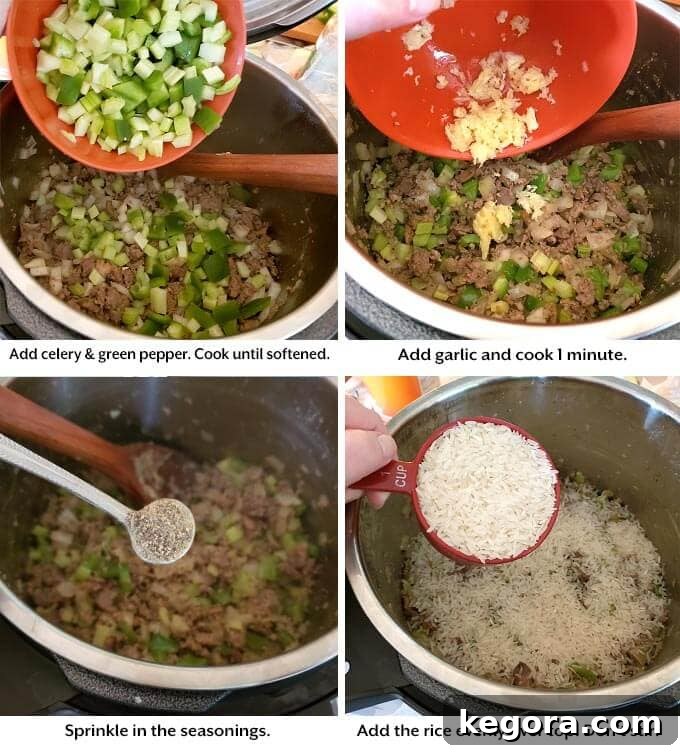 peppers, celery, garlic, seasoning and rice being added