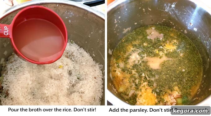 adding broth and parsley to the pot