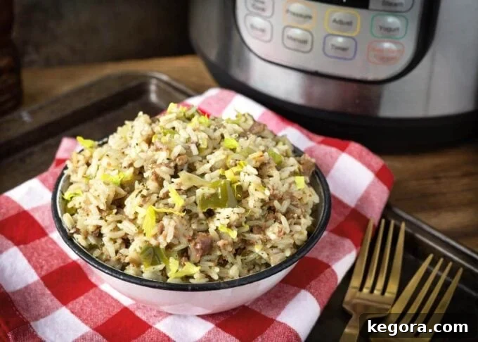 Instant Pot Dirty Rice in a white bowl in front of the pot