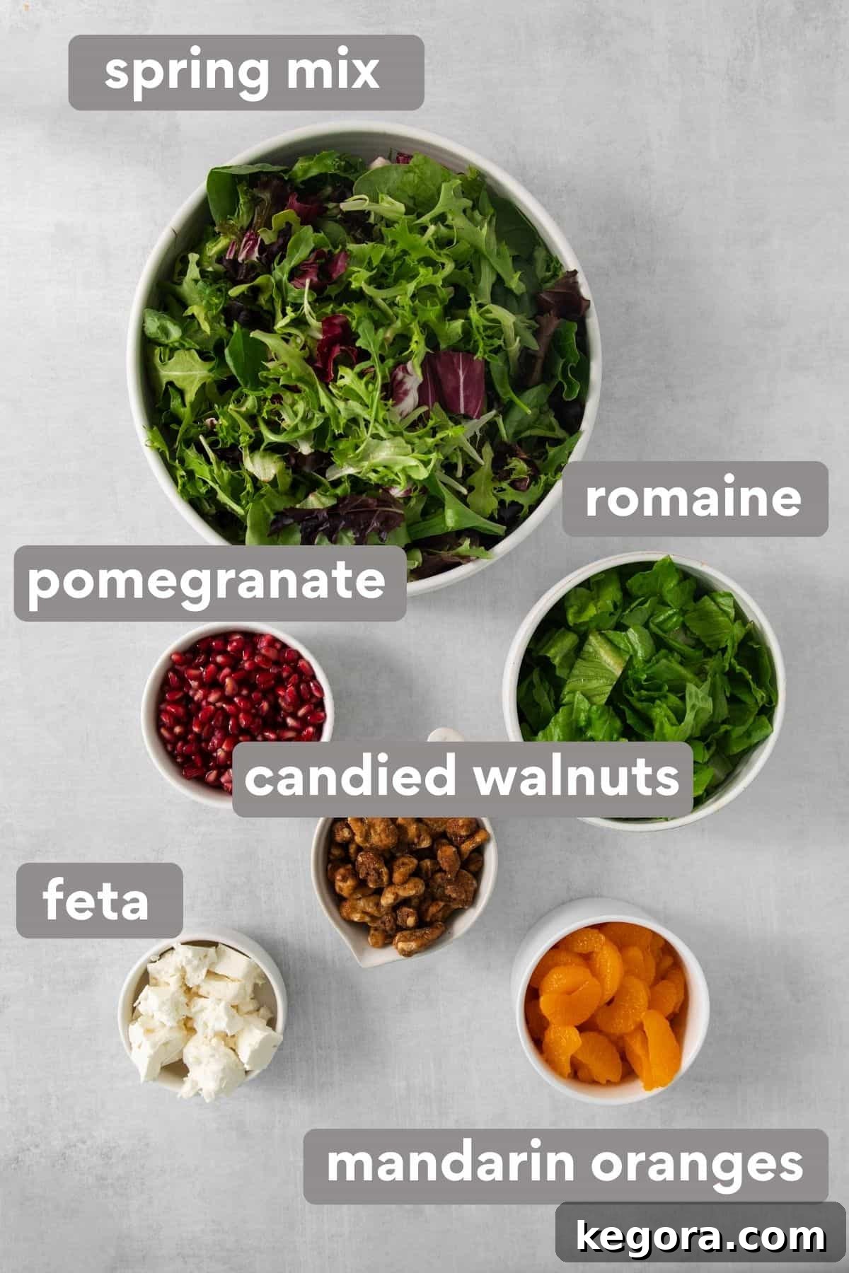 Autumn Harvest Green Salad 3 Thanksgiving green salad ingredients on a countertop, ready for assembly