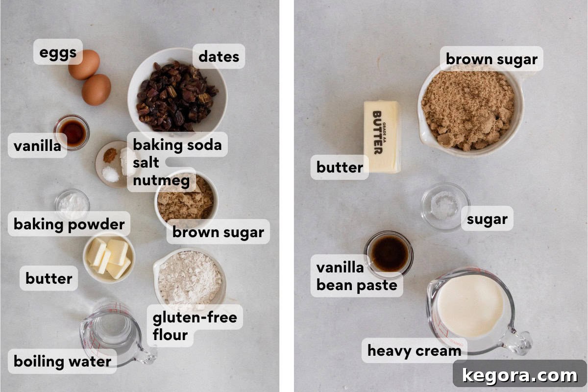 Ingredients for gluten-free sticky toffee pudding laid out on a countertop