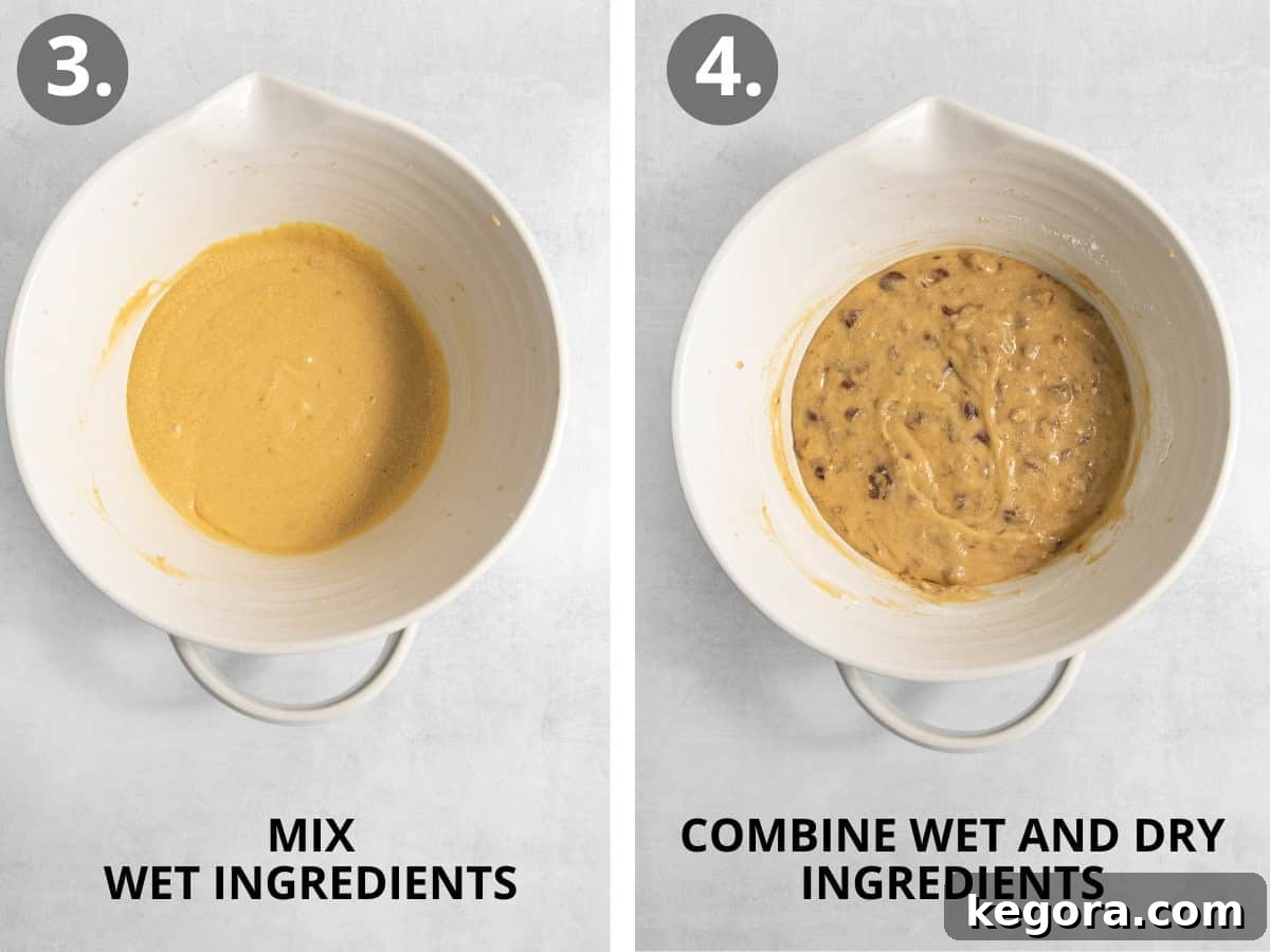 Wet ingredients mixed in a bowl for gluten-free sticky toffee pudding and wet and dry ingredients mixed together in a bowl