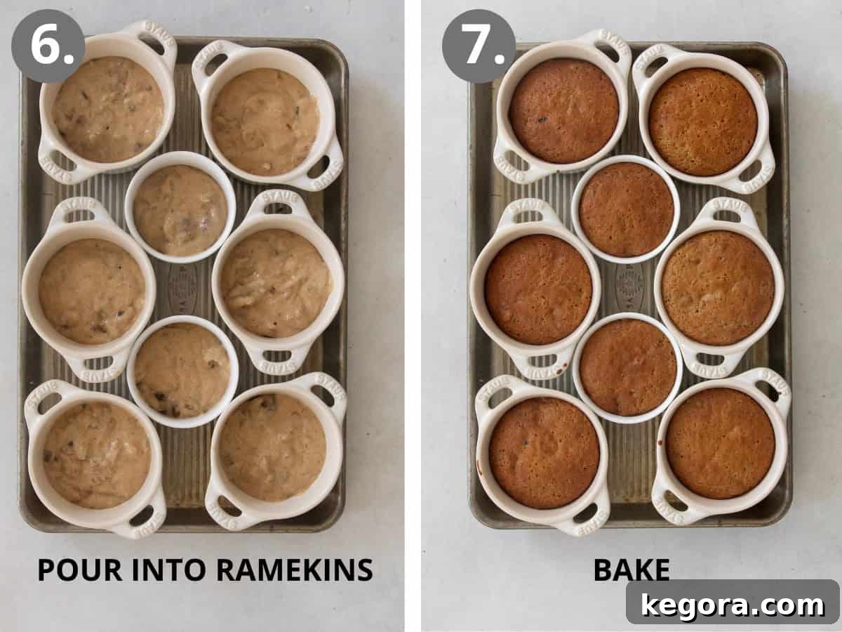 Gluten-free sticky toffee pudding batter poured in ramekins on a baking sheet and baked sticky toffee pudding on a baking sheet