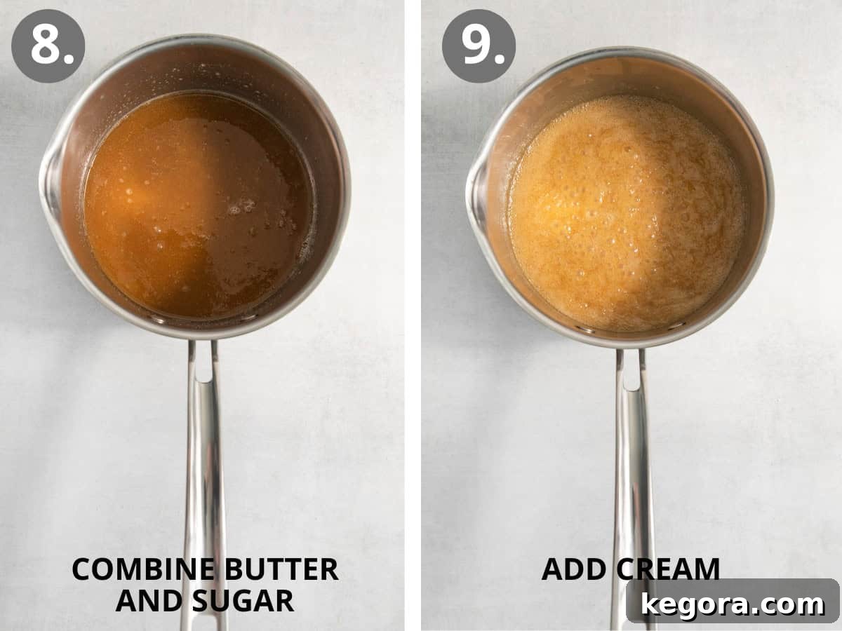 Gluten-free sticky toffee pudding sauce simmering in a saucepan, and cream added to the sauce